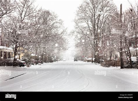 Snow Falling On Suburban Street Stock Photo Royalty Free