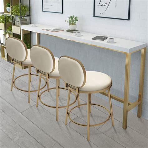 Luxury Modern Stylish Bar Stool With Back Pink Beige Faux Leather Upholstery Round Counter