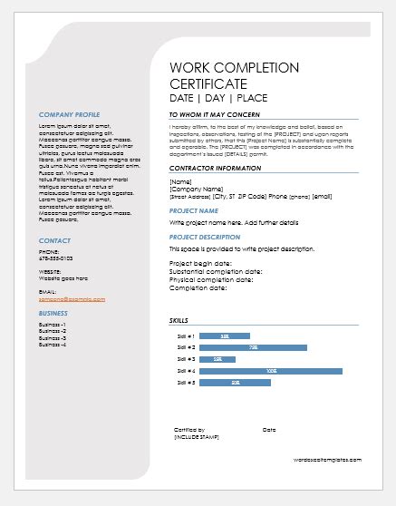 work completion certificates  ms word word