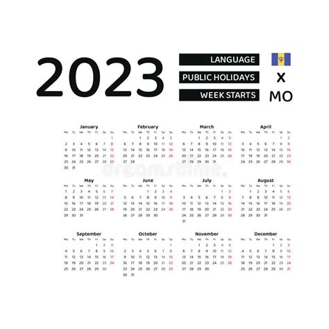 Barbados Calendar 2023 Week Starts From Monday Vector Graphic Design