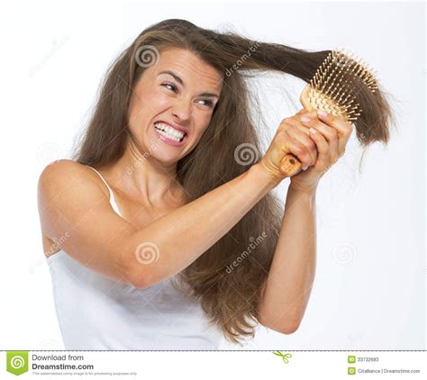 Angry Woman Having Hard Time Combing Hair Stock Image Image Of Beauty