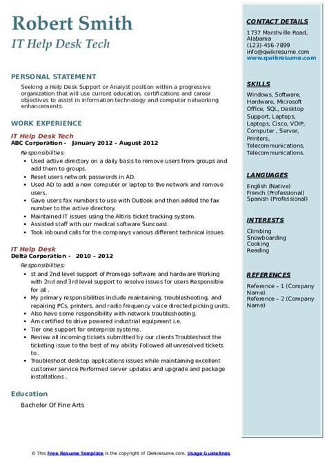 · make informed and ethical choices, · expand an awareness. IT Help Desk Resume Samples | QwikResume