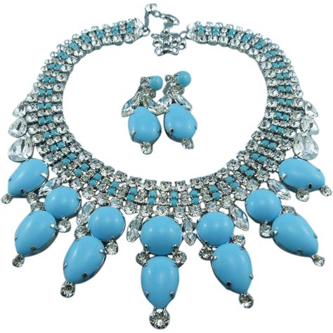signed thorin and co turquoise blue and crystal heavenly bib collar statement necklace set