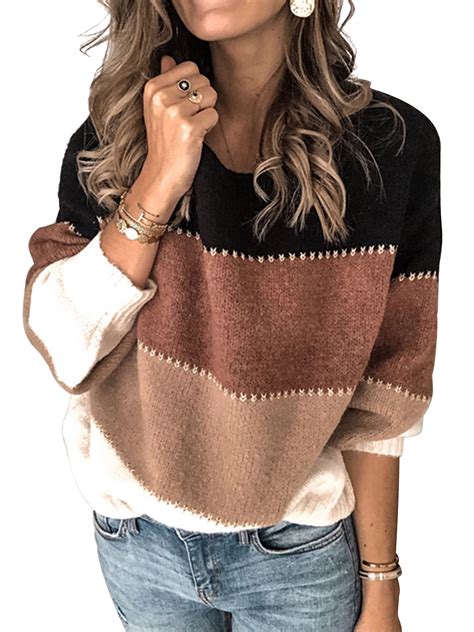 Women Loose Casual Color Block Knit Sweater Autumn Winter Pullover Long Sleeve Striped Knitted