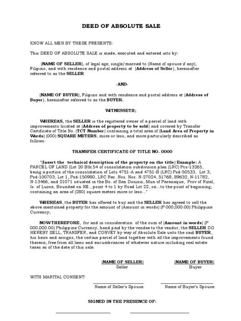 Deed Of Absolute Sale Pdf Land Lot Land Law