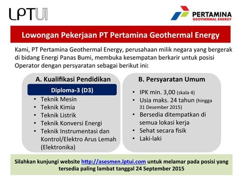 Pertamina (persero) merupakan perusahaan bumn yang memiliki tugas dalam mengelola penambangan minyak dan gas bumi di indonesia. Lowongan Kerja PT Pertamina Geothermal Energy