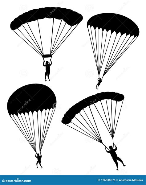 Black Silhouette Parachutist In Flight Set Of Skydivers Flat Vector