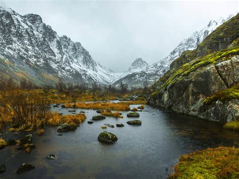 Landscape Winter Snow Mountain River Rocks Background Hd