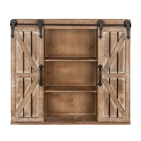 An Open Wooden Cabinet With Sliding Doors