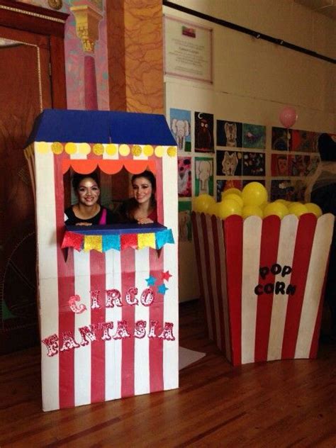 Homemade circus decoration ideas,homemade circus party invitation. Diy Circus Ticket booth and giant popcorn box | Circus ...