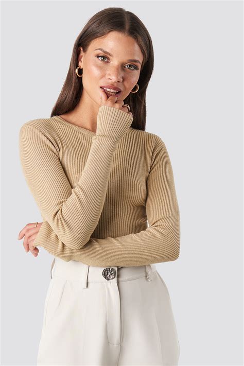 Ribbed Knitted Round Neck Sweater Beige Na
