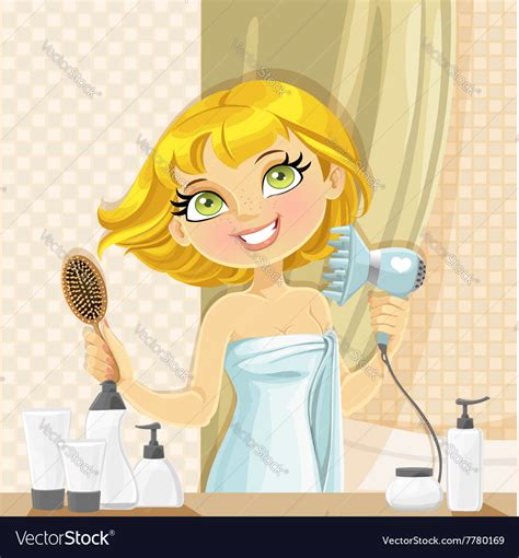 Cute Blond Girl Dries Her Hair Hairdryer In The Vector Image