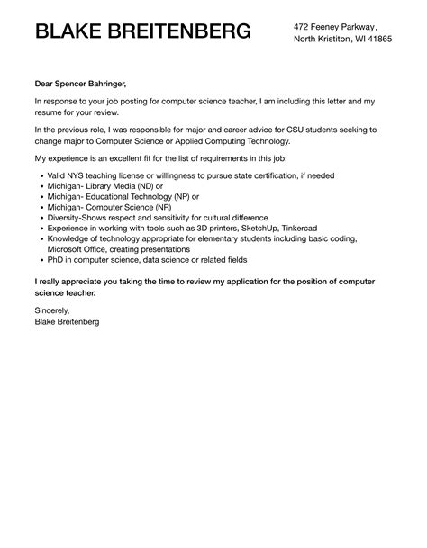 Computer Science Teacher Cover Letter Velvet Jobs