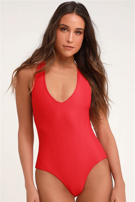 Cute Red Swimsuit One Piece Swimsuit Ribbed Swimsuit Lulus