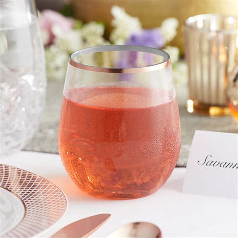 Gold Visions 12 Oz Clear Plastic Stemless Wine Glass With Rose Gold Rim 16pack