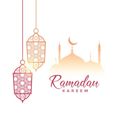 Ramadan Kareem Greeting Design With Hanging Lamps And Mosque Download