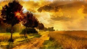 Artwork, Field, Nature, Landscape, Trees, Sunset, Clouds