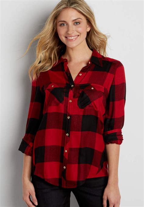 Button Down Shirt In Red And Black Buffalo Plaid Maurices Plaid Shirts Women