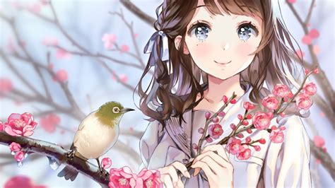 Desktop Wallpaper Birds Cherry Blossom Anime Girl Cute