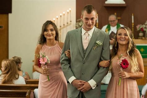 Groomsman With Two Bridesmaids Walking Down Aisle Great Idea For