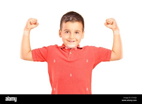 Strong Boy Showing Muscles Isolated On White Background Stock Photo