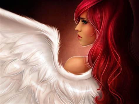 Angel With Red Hair And White Wings Illustration Hd Wallpaper Wallpaper Flare