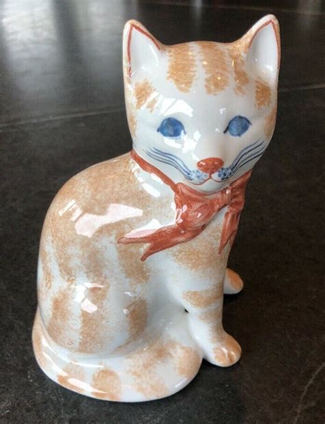 Vintage Rye Pottery Cat Figure Ginger Tabby England Figurine Blue Eyes