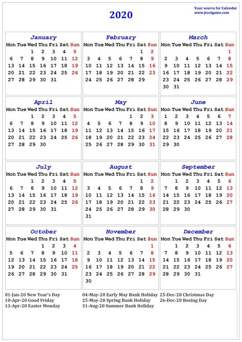 2020 Calendar Including Bank Holidays Calendar Template Printable