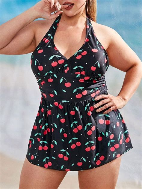 Plus Size Cherry Print Ruched Skirted Tankini Swimwear 27 In 2021 Skirted Tankini Plus