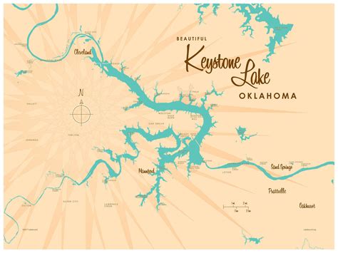 Includes fishing hot spots, boat ramps, depths, topography and more! Keystone Lake Oklahoma Map Vintage-Style Art Print by ...
