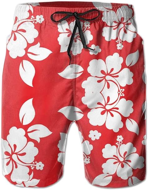 Red Hawaiian Flowers Mens Swim Trunks Quick Dry Bathing Suits Summer Holiday Beach Shorts With