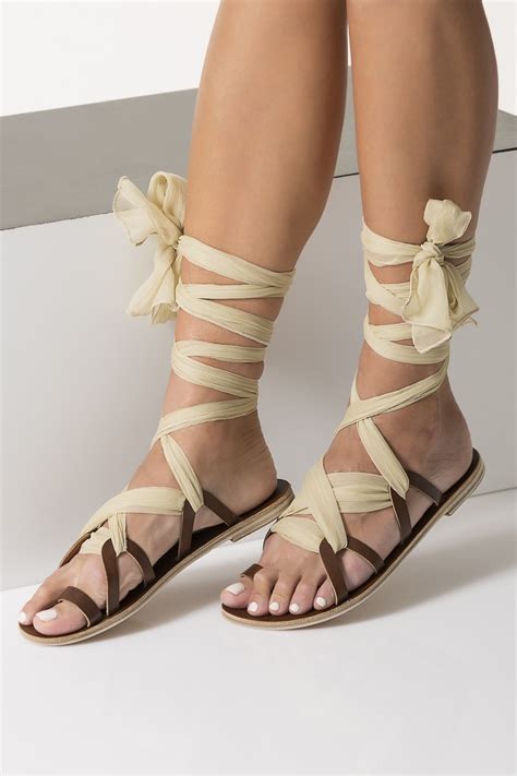 Lace up leather sandals with silk laces 