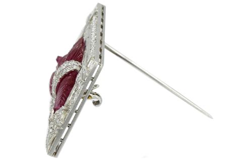 Art Deco Burmese No Enhancement Carved Ruby Diamond Brooch For Sale At