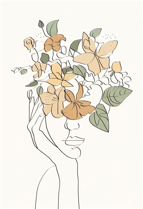 This Picture Depicts A Woman Drawn In One Line With Flowers The
