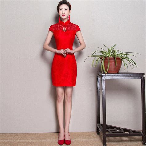 Short Sexy Embroidery Cheongsam Evening Dress Red Qipao Wedding