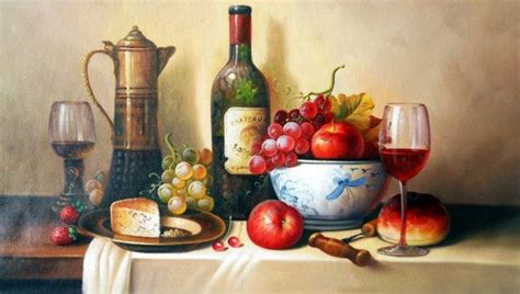 A Painting Of Food And Wine On A Table