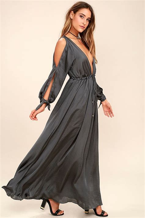 Chic Charcoal Grey Dress Maxi Dress Satin Dress Sheer Dress 94