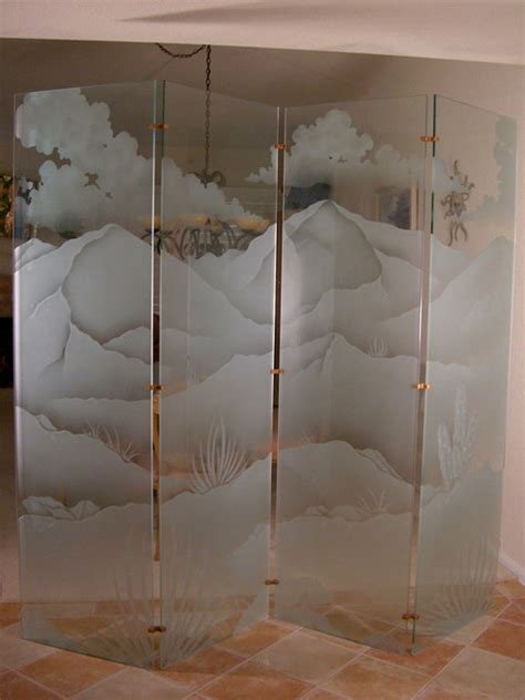 Custom room dividers made with frosted glass and sliver frame finish. Desert Landscape Screen - Eclectic - Screens And Room ...