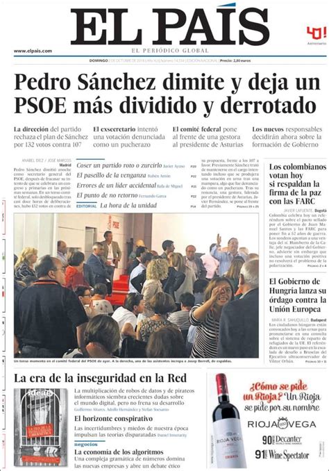 According to its about page. Periódico El País (España). Periódicos de España. Edición de domingo, 2 de octubre de 2016 ...