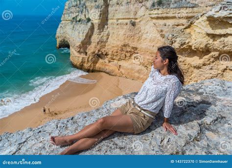 Girl At Beautiful Beach Carvalho Of Algarve Portugal Stock Photo