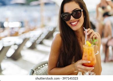 Laughing Woman Bikini Drinking Cocktail Having Stock Photo