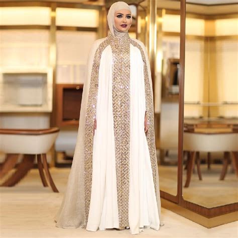 Dubai Kaftan Arabic Islamic Muslim Evening Dress Long Sleeve Modest White And Champagne