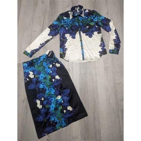 Erdem Skirts Erdem White Blue Black Floral 2 Piece Set Silk Blouse Womens Us Sz 6 Skirt 8