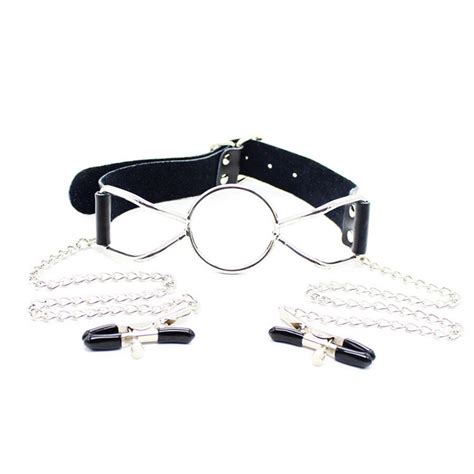 Pc Genuine Leather Bondage Open Mouth Ring Gag With Nipple Clamps Clip