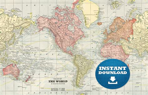 Digital Vintage World Map Printable Download Antique World Map Red
