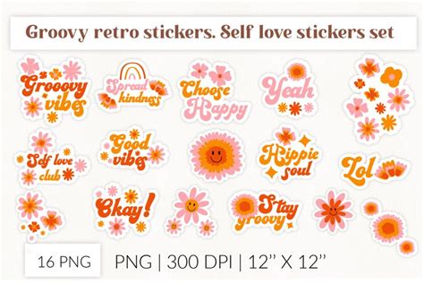 70s Retro Positive Stickers Bundle Hippie Flowers Groovy
