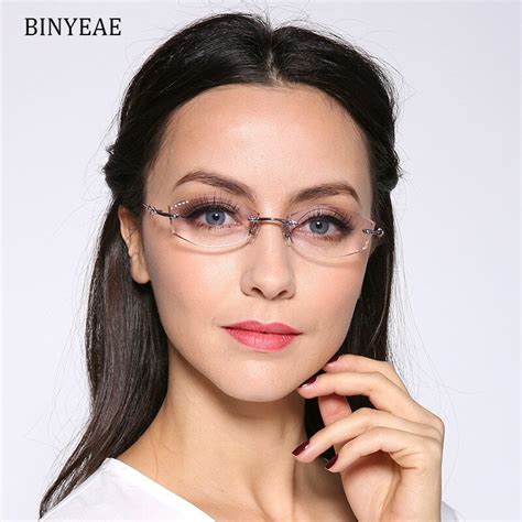 Binyeae Titanium Fashion Female Eye Glasses Diamond Trimmed Rimless