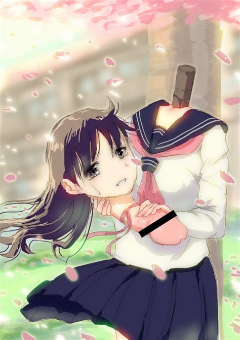 Borusen Mito Kumi 1girl Black Hair Cherry Blossoms Crying Crying With Eyes Open Dickneck