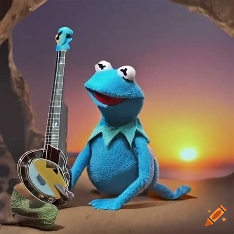 Blue Kermit The Frog Playing A Banjo In A Cave On Craiyon