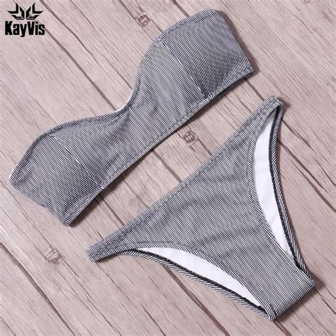 Kayvis 2019 Stripe Bikini Sexy Bandeau Swimsuit Women Push Up Swimwear Brazilian Bikini Set Top